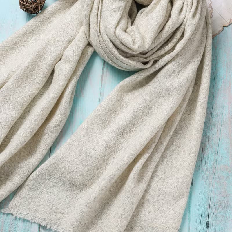 【厚款】喀什米爾羊毛圍巾/披肩  菱格紋原色淺灰白 手工機織