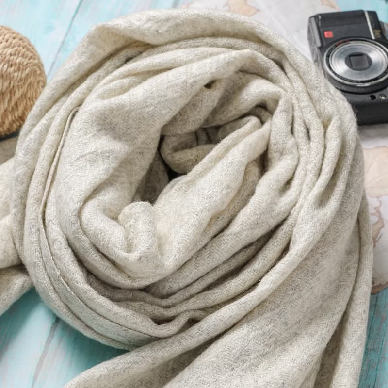 【厚款】喀什米爾羊毛圍巾/披肩  菱格紋原色淺灰白 手工機織