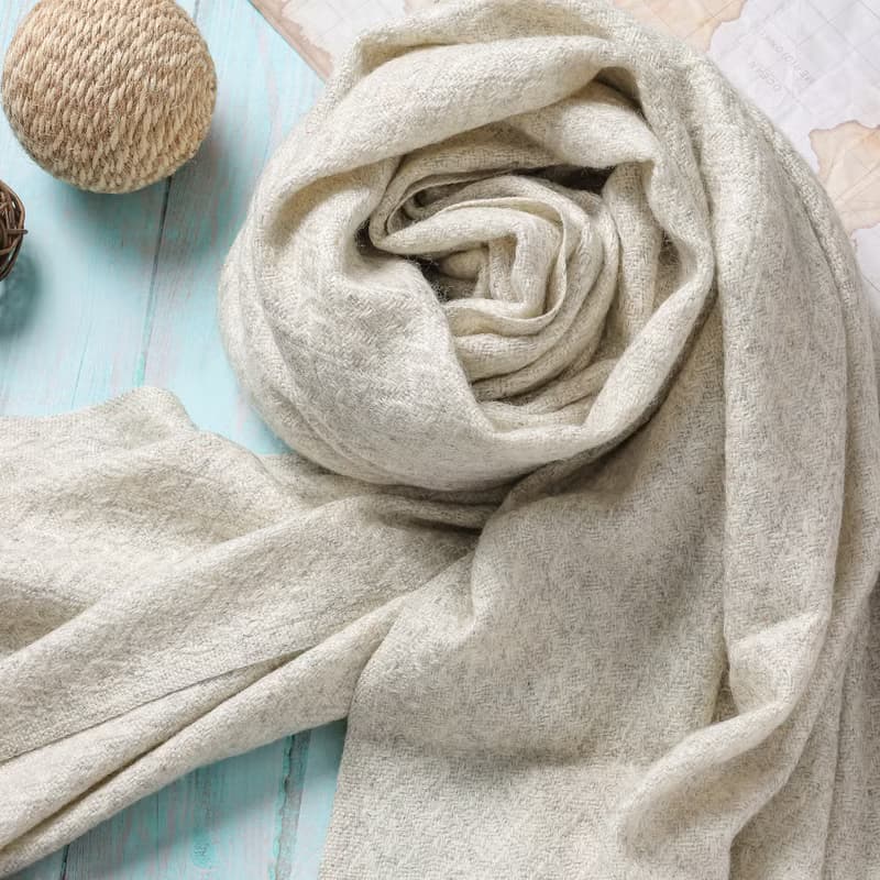 【厚款】喀什米爾羊毛圍巾/披肩  菱格紋原色淺灰白 手工機織