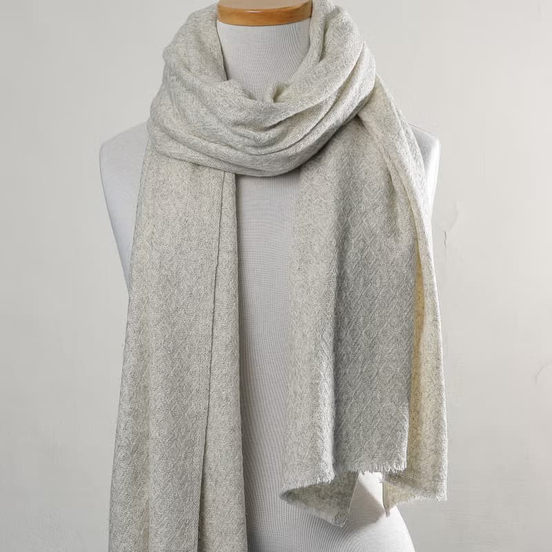 【厚款】喀什米爾羊毛圍巾/披肩  菱格紋原色淺灰白 手工機織