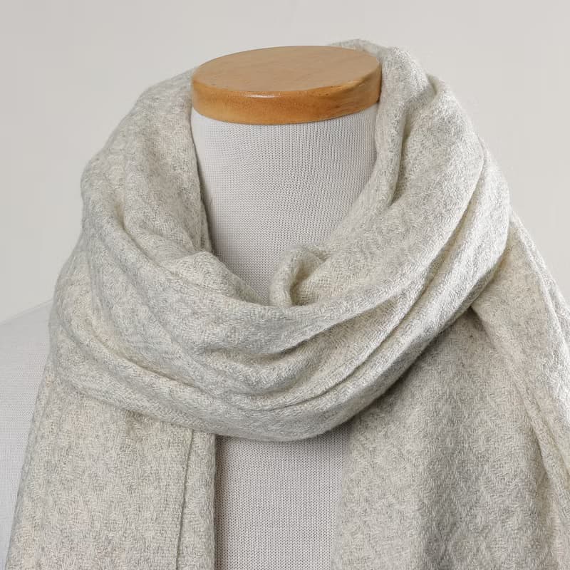 【厚款】喀什米爾羊毛圍巾/披肩  菱格紋原色淺灰白 手工機織