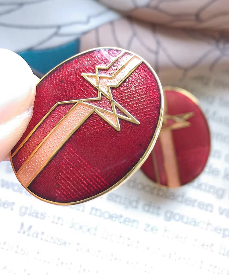 Vintage Jewelry  景泰藍 橢圓紅底 天堂鳥意象 夾式耳環