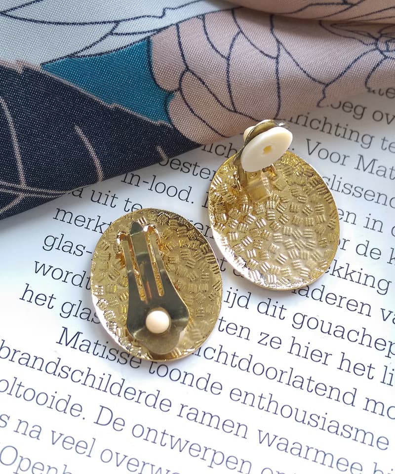 Vintage Jewelry  景泰藍 橢圓紅底 天堂鳥意象 夾式耳環