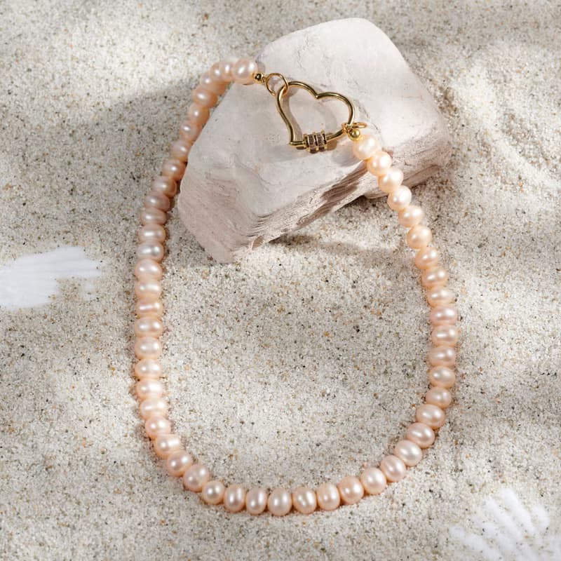 天然粉色淡水珍珠項鍊 金色愛心扣 7-8mm 六月生日石 生日禮物