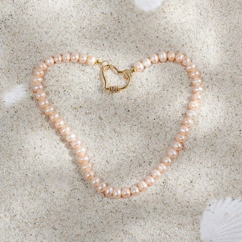 天然粉色淡水珍珠項鍊 金色愛心扣 7-8mm 六月生日石 生日禮物