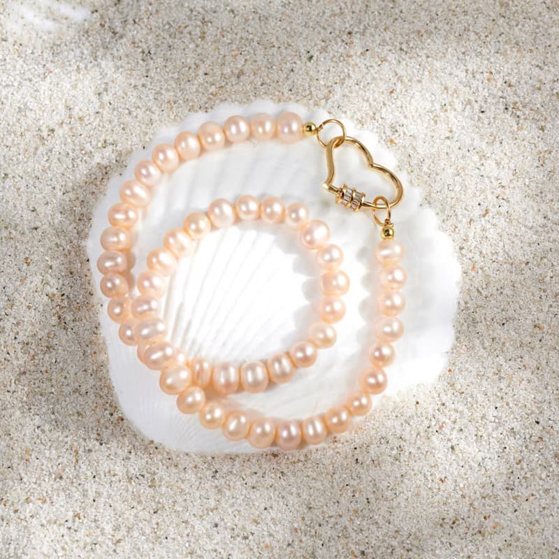 天然粉色淡水珍珠項鍊 金色愛心扣 7-8mm 六月生日石 生日禮物