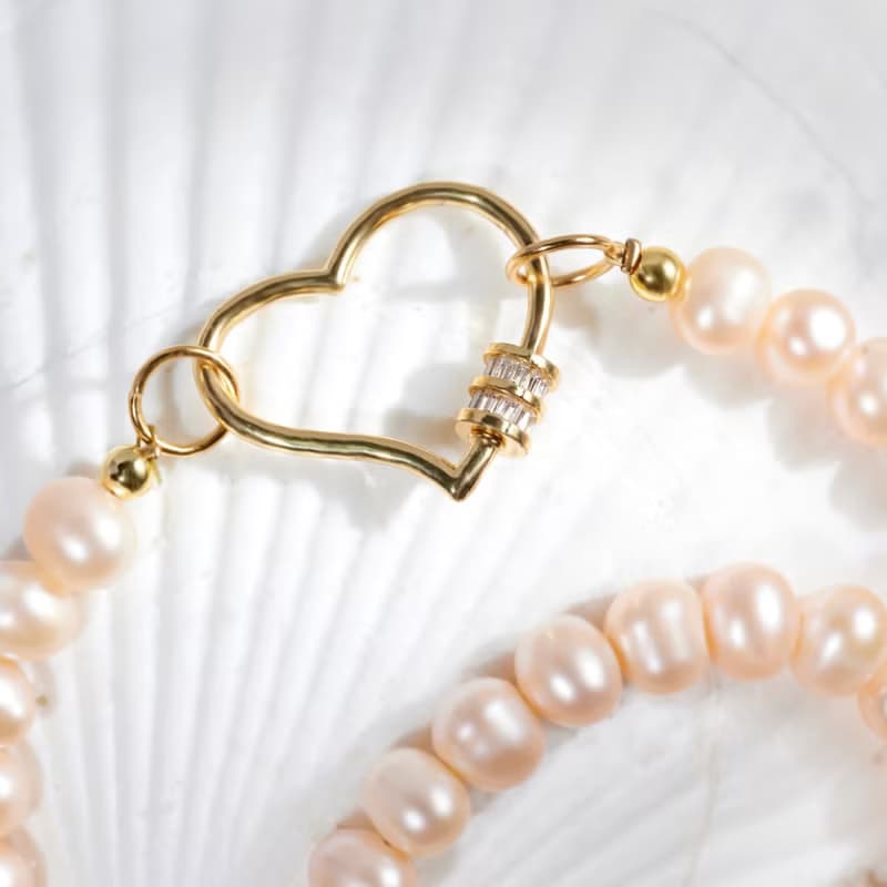 天然粉色淡水珍珠項鍊 金色愛心扣 7-8mm 六月生日石 生日禮物