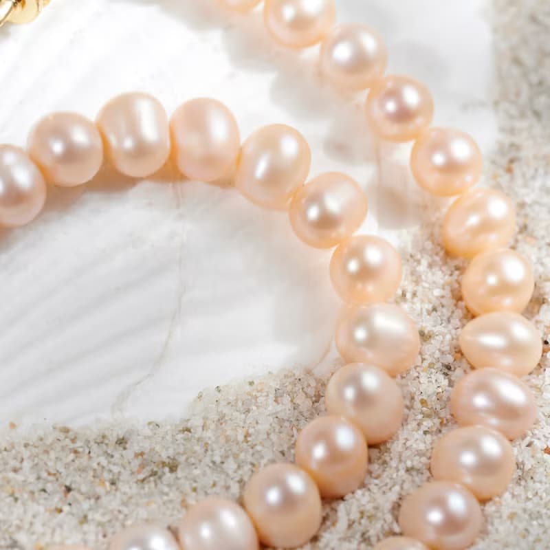 天然粉色淡水珍珠項鍊 金色愛心扣 7-8mm 六月生日石 生日禮物