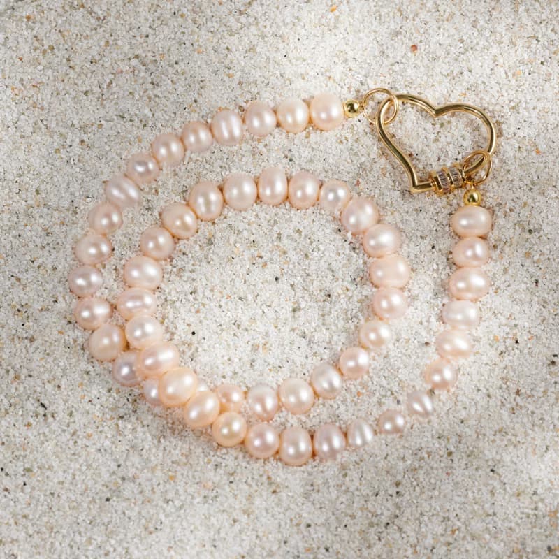 天然粉色淡水珍珠項鍊 金色愛心扣 7-8mm 六月生日石 生日禮物