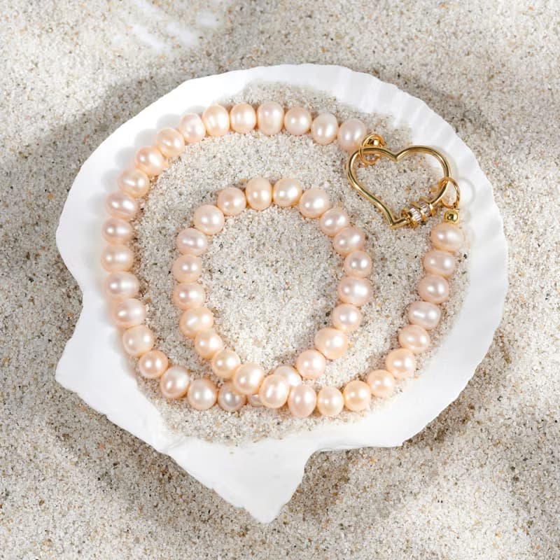 天然粉色淡水珍珠項鍊 金色愛心扣 7-8mm 六月生日石 生日禮物