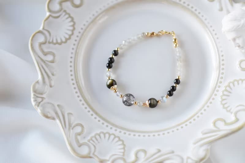 黑影。黑髮晶 金砂黑曜石 黑曜石 拉長石 14K 天然石/水晶 手鍊