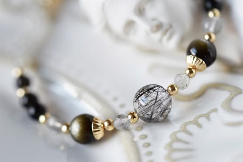 黑影。黑髮晶 金砂黑曜石 黑曜石 拉長石 14K 天然石/水晶 手鍊