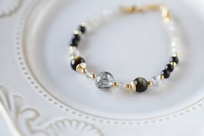 黑影。黑髮晶 金砂黑曜石 黑曜石 拉長石 14K 天然石/水晶 手鍊