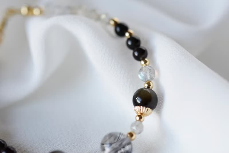 黑影。黑髮晶 金砂黑曜石 黑曜石 拉長石 14K 天然石/水晶 手鍊