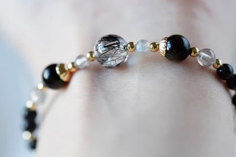 黑影。黑髮晶 金砂黑曜石 黑曜石 拉長石 14K 天然石/水晶 手鍊