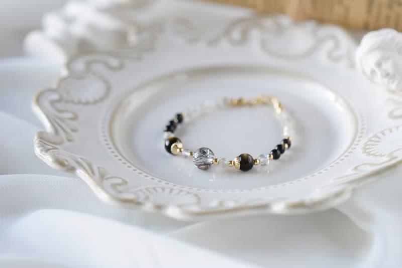 黑影。黑髮晶 金砂黑曜石 黑曜石 拉長石 14K 天然石/水晶 手鍊