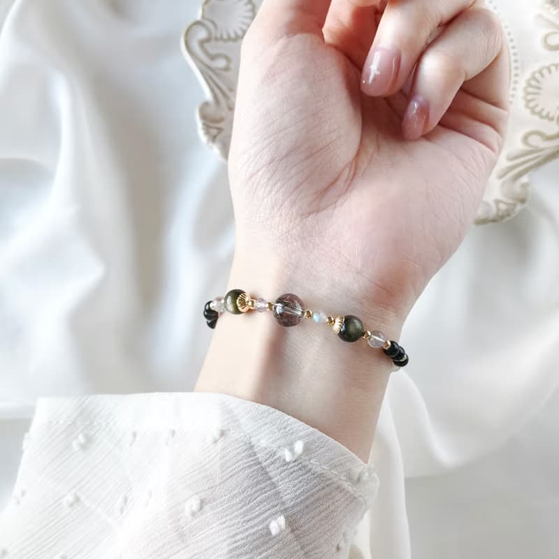 黑影。黑髮晶 金砂黑曜石 黑曜石 拉長石 14K 天然石/水晶 手鍊