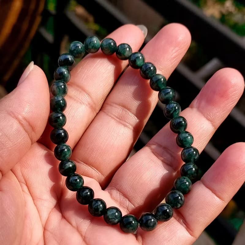 Burmese Jade Bracelet Dark Green Light Green with White Tints Round Beads 6.6 mm
