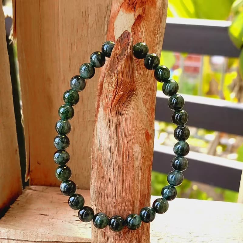 Burmese Jade Bracelet Dark Green Light Green with White Tints Round Beads 6.6 mm