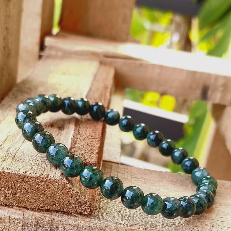 Burmese Jade Bracelet Dark Green Light Green with White Tints Round Beads 6.6 mm