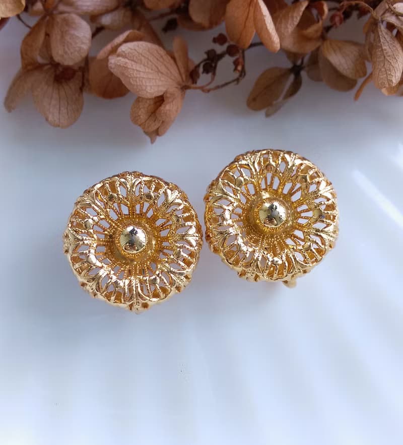 Vintage Jewelry 西洋古董飾品 精美 金色簍空花形 夾式耳環