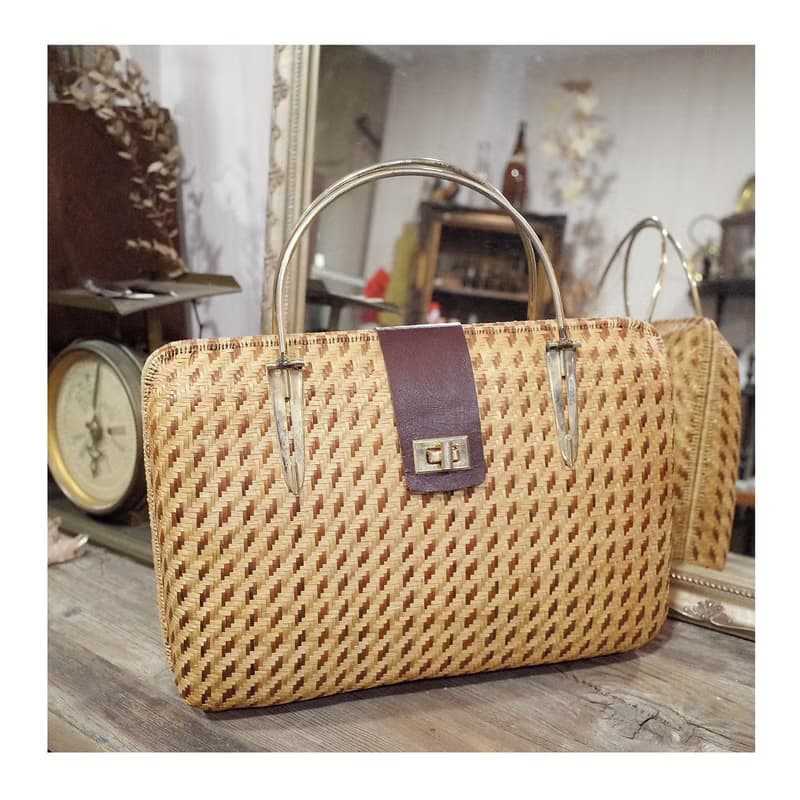 老件.早期手工編織老件.細目編織硬殼包.藤編竹編草編.手提包