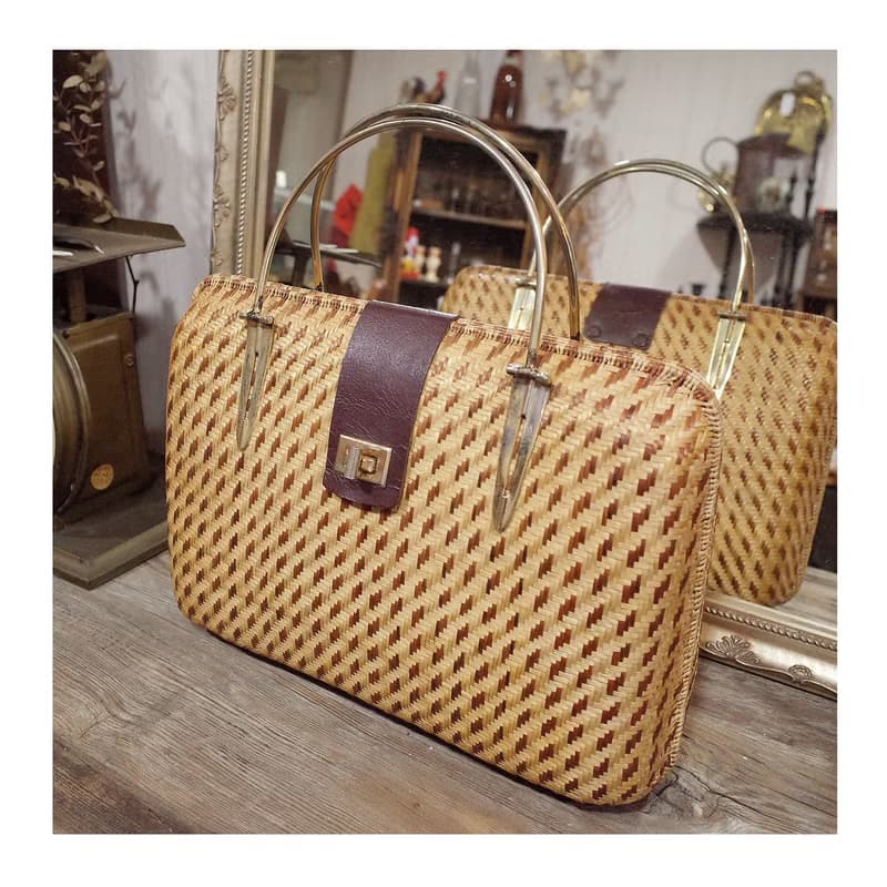 老件.早期手工編織老件.細目編織硬殼包.藤編竹編草編.手提包