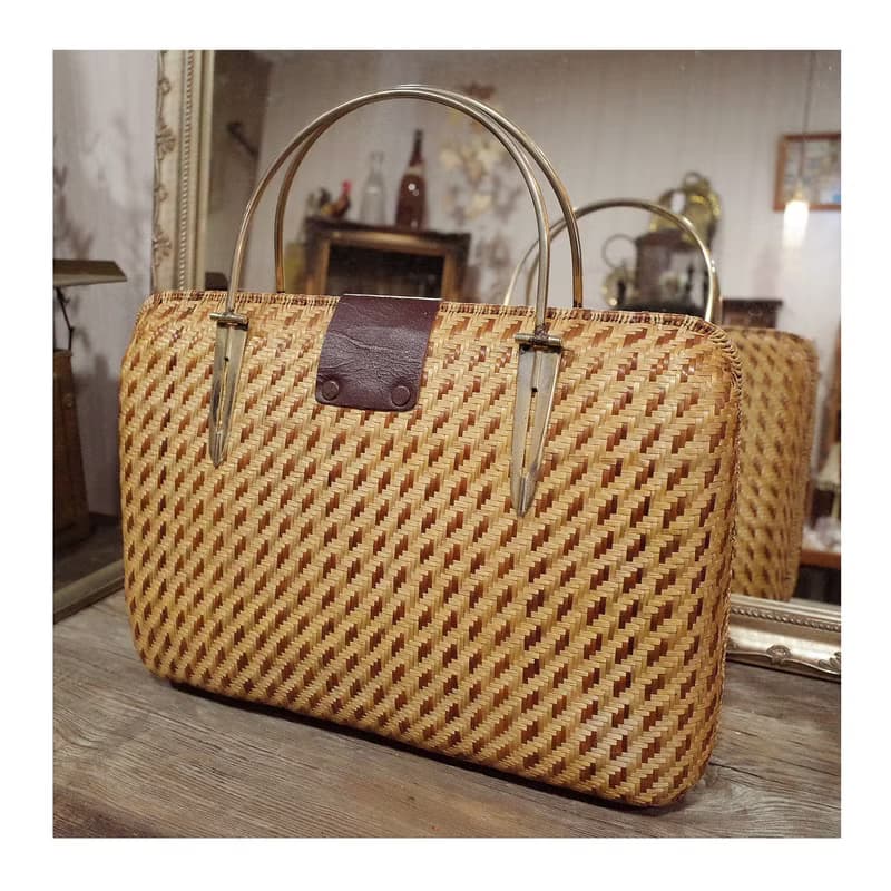 老件.早期手工編織老件.細目編織硬殼包.藤編竹編草編.手提包
