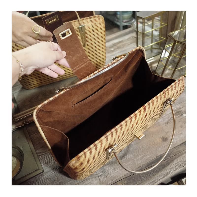 老件.早期手工編織老件.細目編織硬殼包.藤編竹編草編.手提包