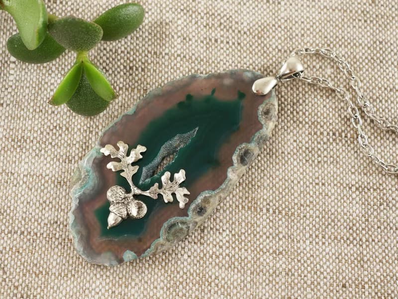 Green Agate Geode Slice Slab Silver Acorn Oak Leaf Pendant Necklace Jewelry Gift