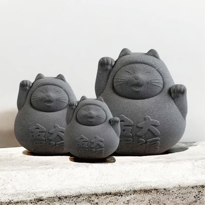 【一家祈福】圓滾滾幸運貓團圓版 (大中小三入) 炭錢黑