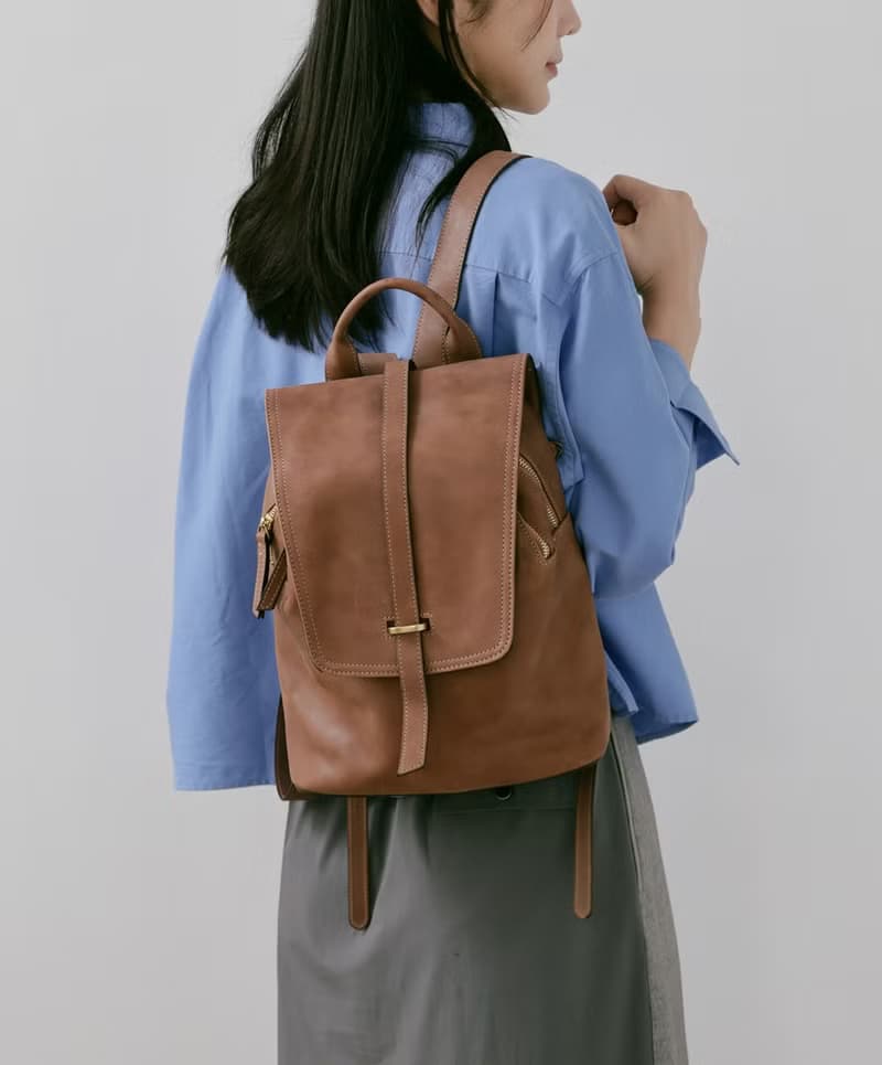 Supportingrole簡約百搭線條多隔層多口袋真皮後背包 咖啡