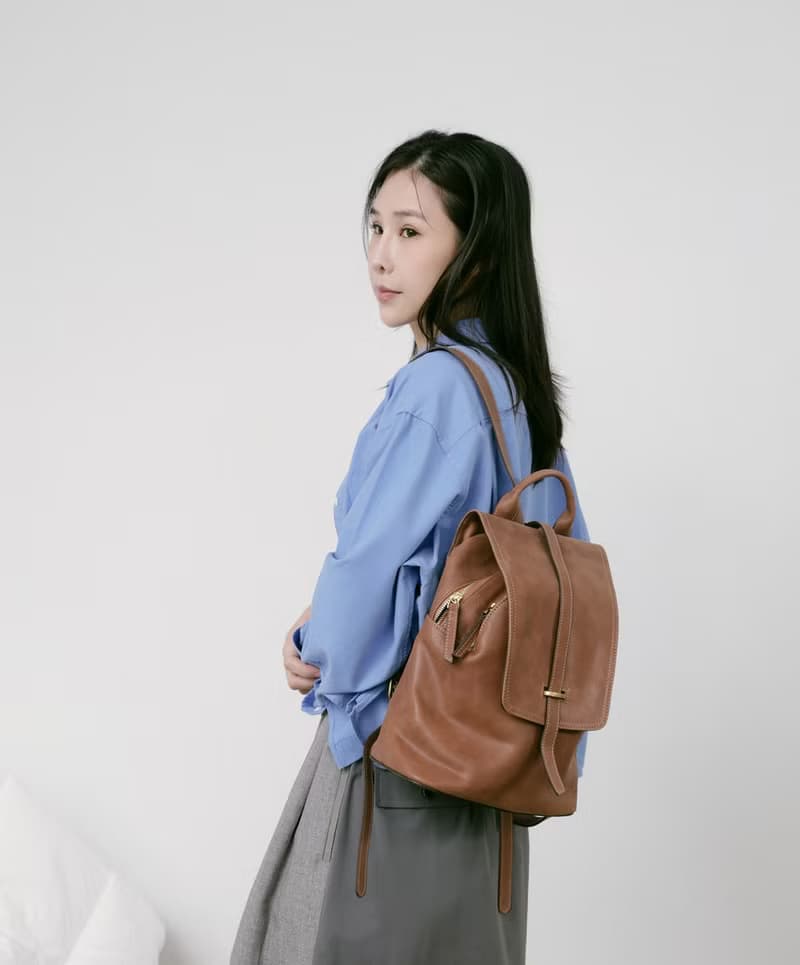 Supportingrole簡約百搭線條多隔層多口袋真皮後背包 咖啡