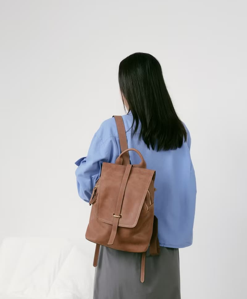 Supportingrole簡約百搭線條多隔層多口袋真皮後背包 咖啡