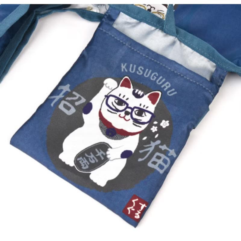 Kusuguru Japan 時尚印花環保袋 可折疊 附登山扣-眼鏡招財貓款藍