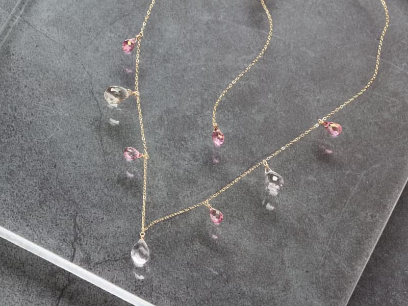 14kgf-pink chilly tears short necklace(ajustable chain)