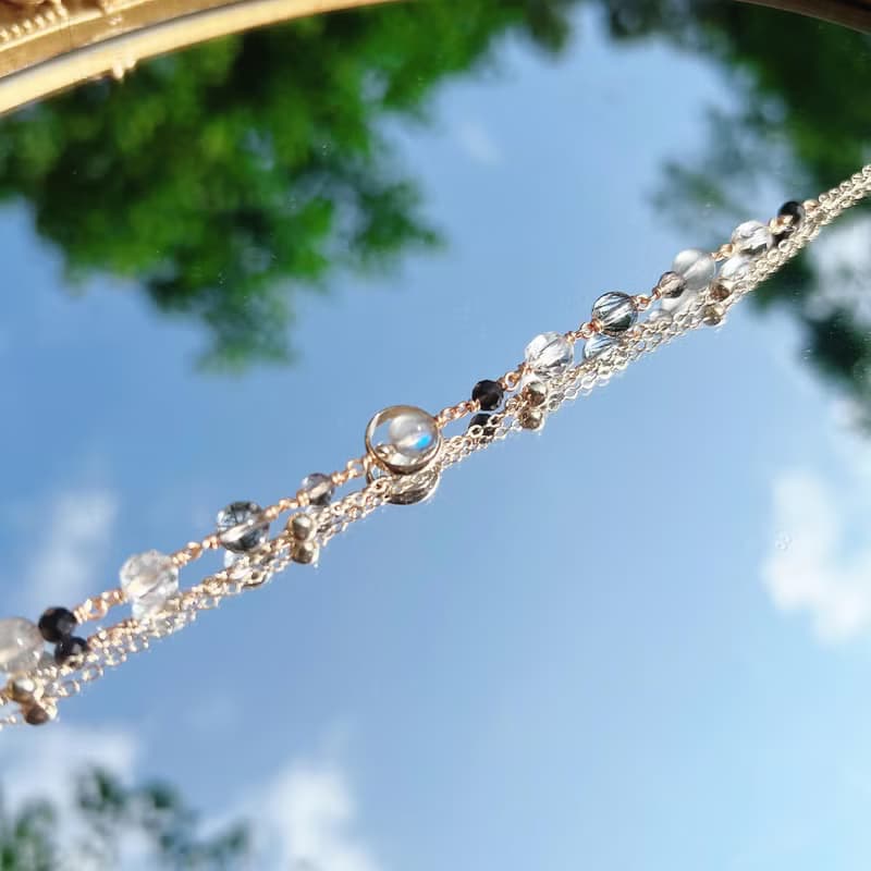 拉長石 茶晶  黑髮晶 銀䂂石 白水晶  14K包金繞線 雙層鍊手鍊