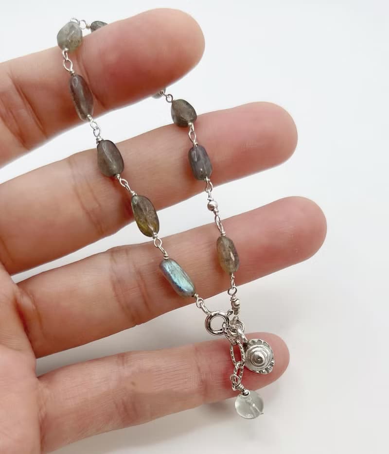 拉長石米珠隨形純銀手工繞線能量水晶手鍊