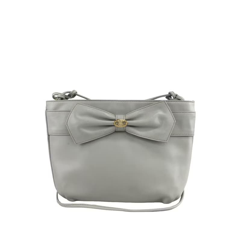【 日本直送　名牌中古包 】CELINE セリーヌ ショルダーバッグ グレー ブラゾン レザー リボン vintage ヴィンテージ オールド dei55p