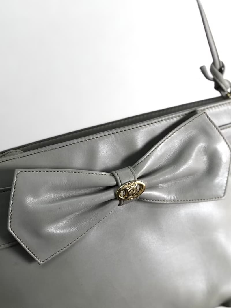 【 日本直送　名牌中古包 】CELINE セリーヌ ショルダーバッグ グレー ブラゾン レザー リボン vintage ヴィンテージ オールド dei55p