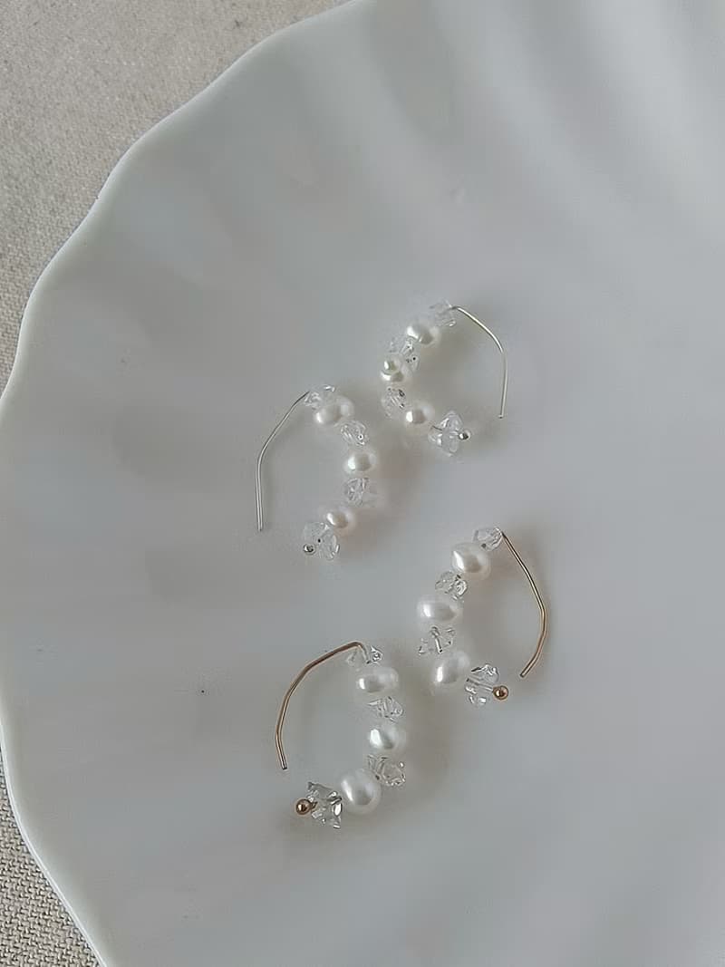 赫基默鑽石&珍珠 杏仁形耳圈 SV925/14KGF Herkimer 閃靈鑽