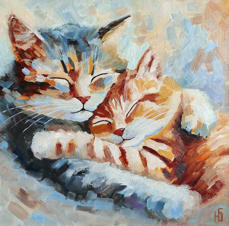 Couple Cats Oil Painting, Kitten Original Art, Romantic Pet Portrait, 手工油畫, 油畫原作