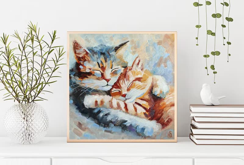 Couple Cats Oil Painting, Kitten Original Art, Romantic Pet Portrait, 手工油畫, 油畫原作