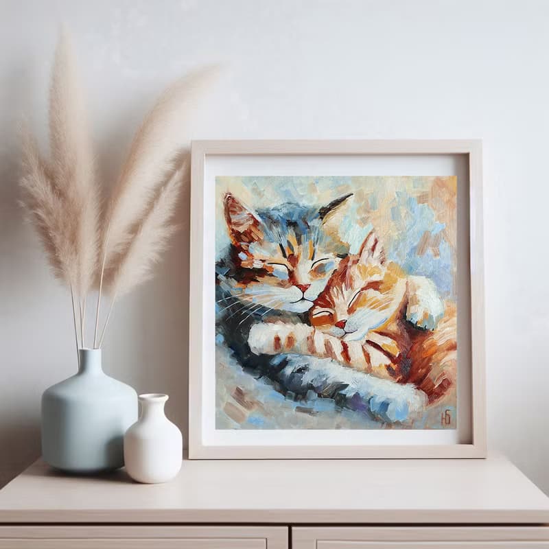 Couple Cats Oil Painting, Kitten Original Art, Romantic Pet Portrait, 手工油畫, 油畫原作