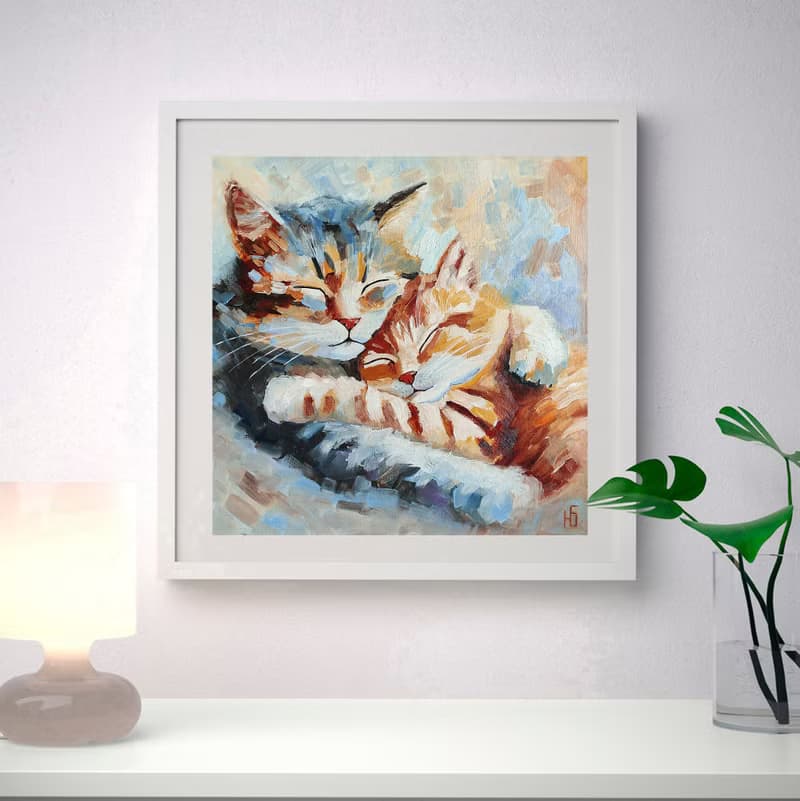 Couple Cats Oil Painting, Kitten Original Art, Romantic Pet Portrait, 手工油畫, 油畫原作