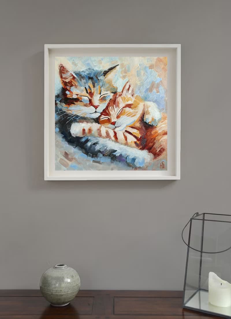 Couple Cats Oil Painting, Kitten Original Art, Romantic Pet Portrait, 手工油畫, 油畫原作
