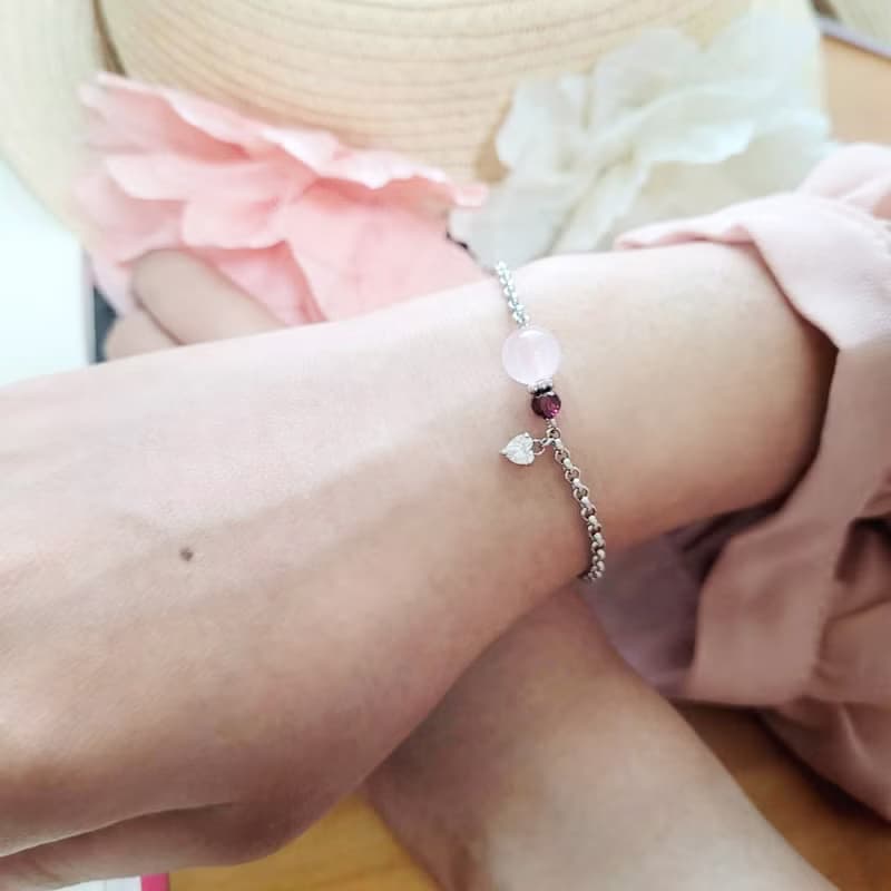 心動備份。粉晶X紫晶X石榴石  手作白鋼手鍊