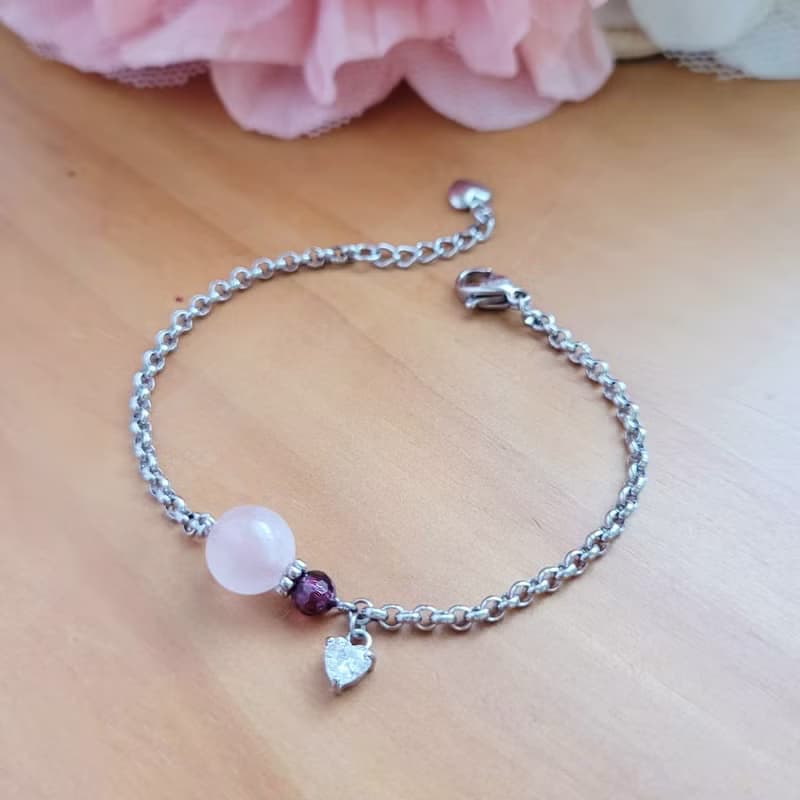 心動備份。粉晶X紫晶X石榴石  手作白鋼手鍊