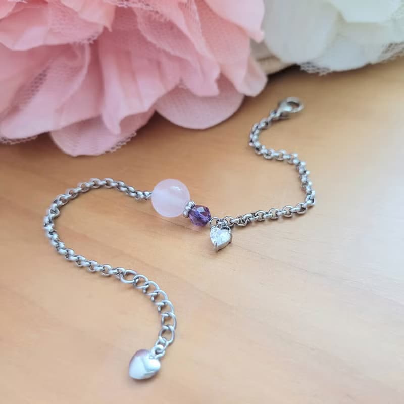 心動備份。粉晶X紫晶X石榴石  手作白鋼手鍊