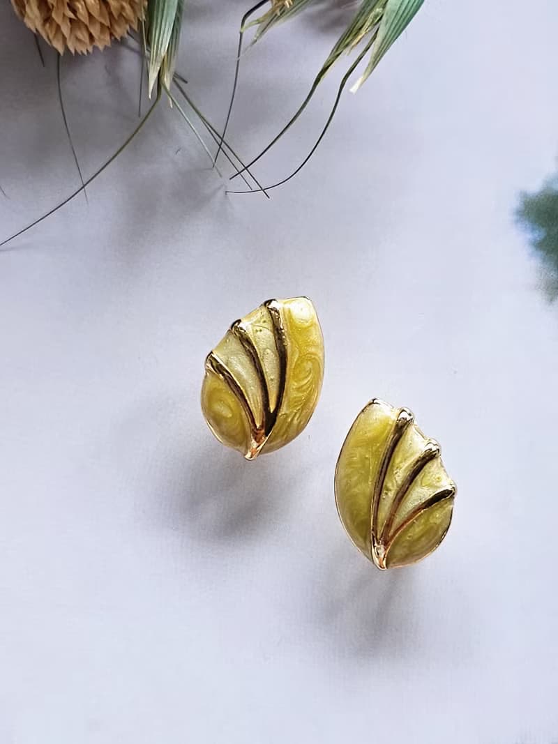 金線橄欖綠葉琺瑯夾式耳環/vintage西洋古董飾品